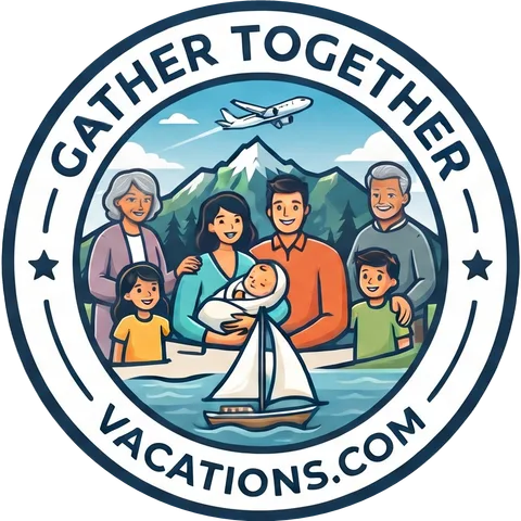 Gather Together Vacations logo: three generations of a family together, with mountains, a sailboat, and an airplane